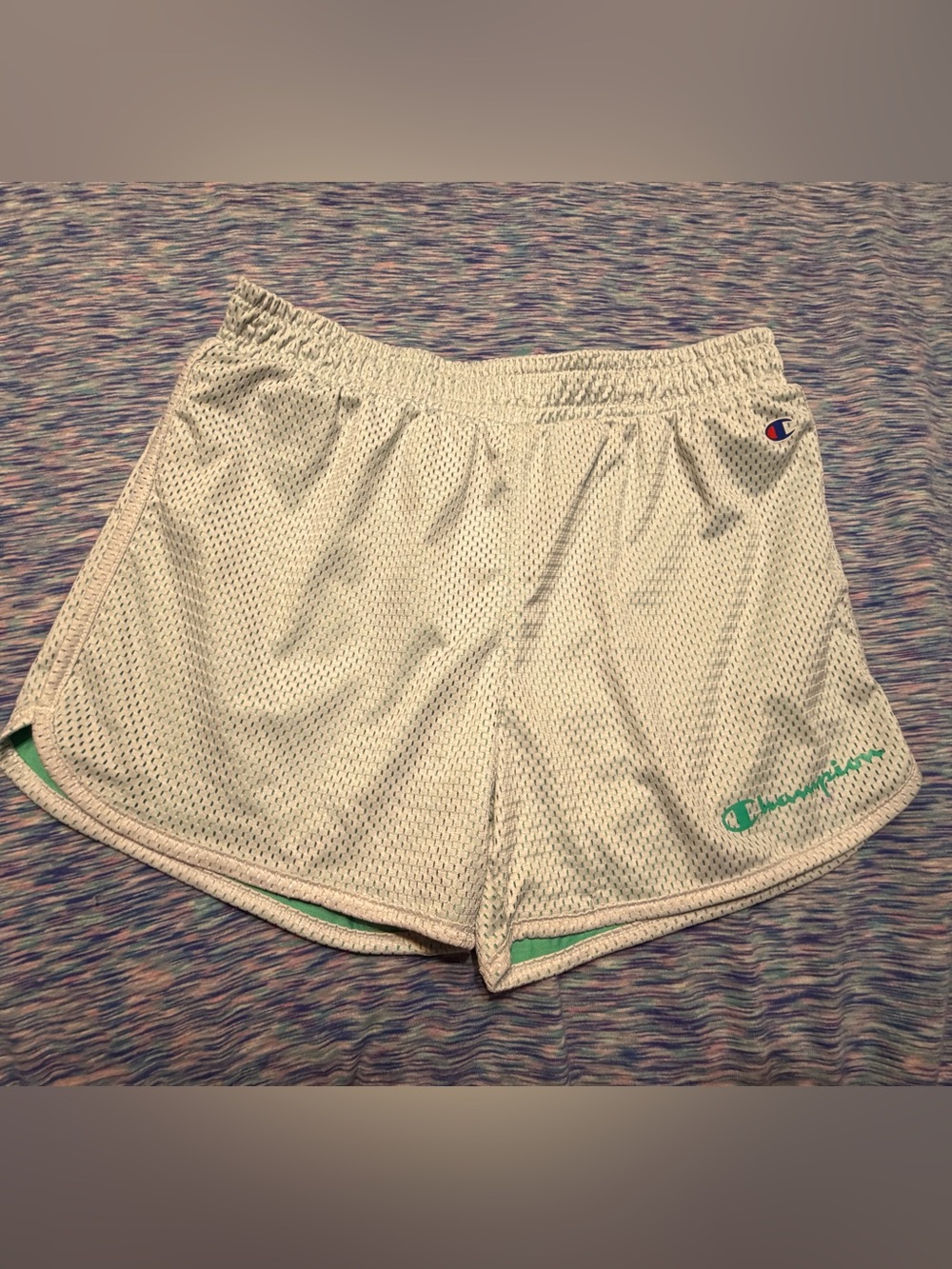 Girls Champion Cream Athletic Shorts with Green Logo Trim